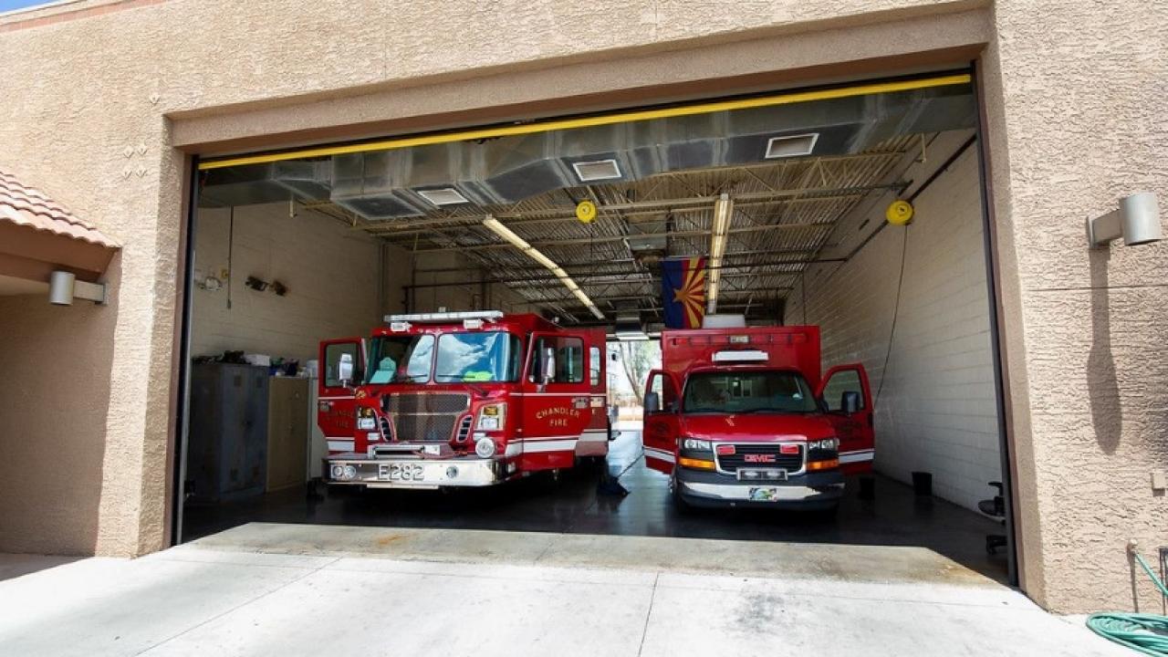 Two Fire Trucks in the Bay at Station 2
