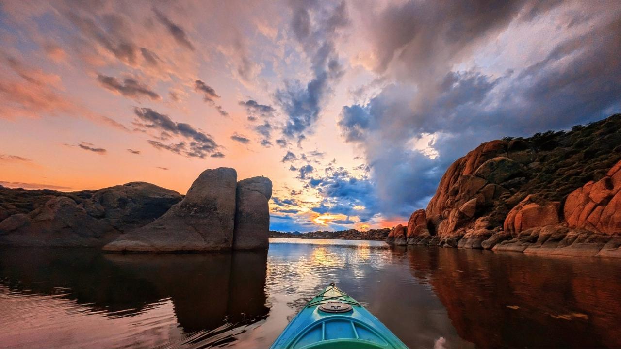 a kayak on the lake at dusk