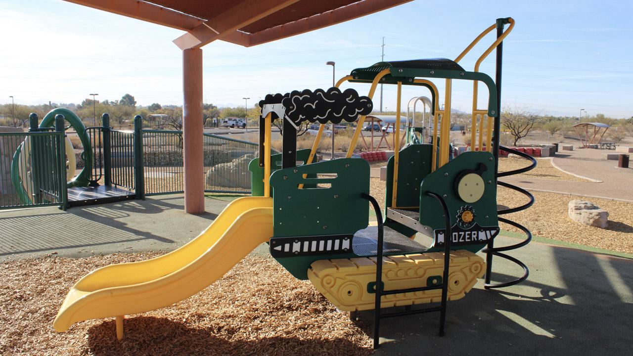 Bulldozer play structure at Paseo Vista Recreation Area