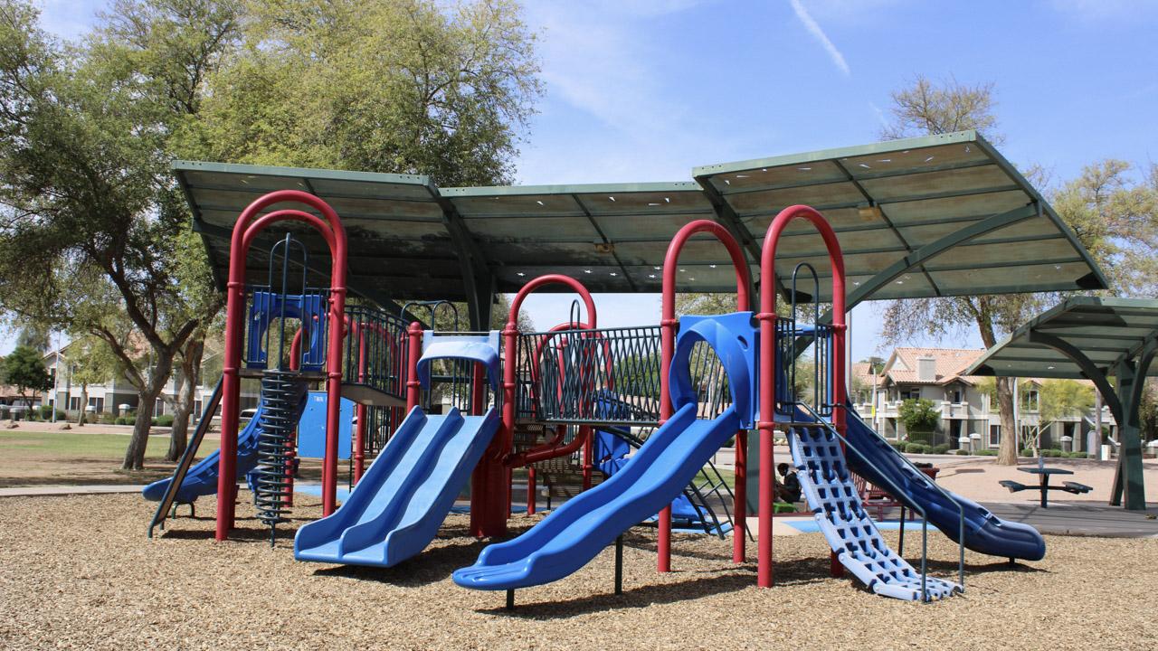 Playground slides at Pequeno Park