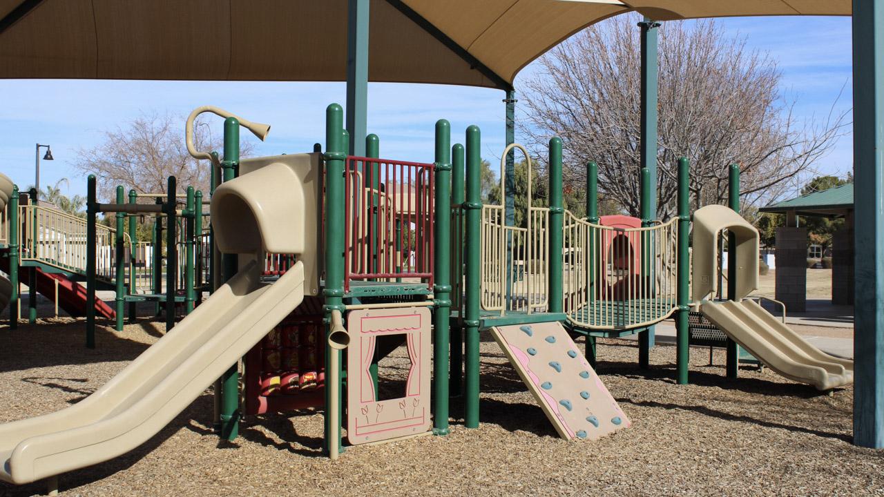 Playground climbing wall, slides, and bridge at Pinelake Park