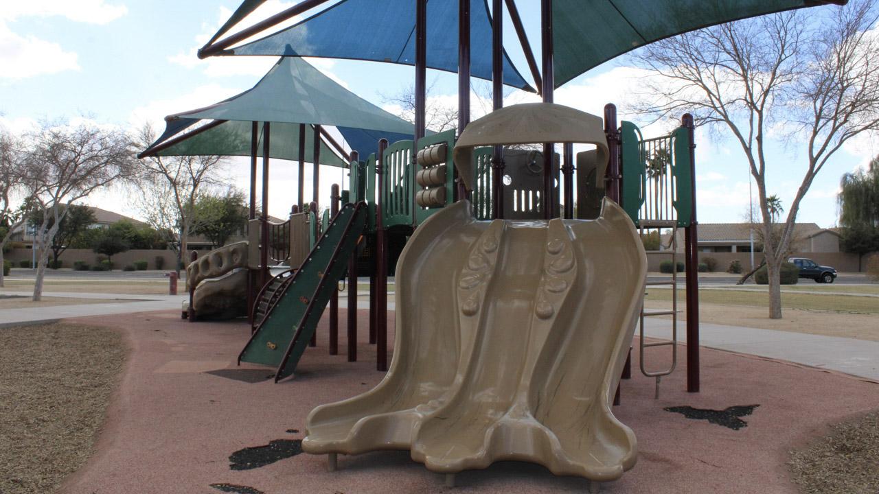 Playground with triple slide and climbing wall at Ryan Park