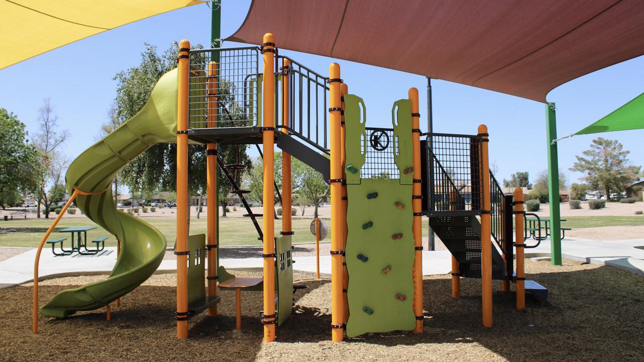 Playground slide and climbing wall at San Tan Park