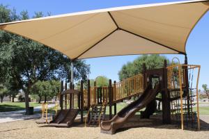Playground slides and climbing wall at Price Park