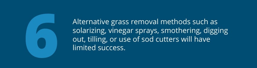 Tip 6: Alternative grass removal methods such as solarizing, vinegar sprays, smothering, digging out, tilling, or use of sod cutters will have limited success. Tip 6: Alternative grass removal methods such as solarizing, vinegar sprays, smothering, digging out, tilling, or use of sod cutters will have limited success.