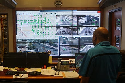  The City’s Traffic Management Center has access to feeds from more than 225 traffic lights in Chandler. The City’s Traffic Management Center has access to feeds from more than 225 traffic lights in Chandler. 